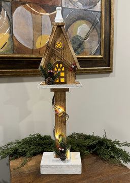 ITEM 1682 - 5.5" X 3" X 21.75" LED NATURAL WOODEN BIRDHOUSE POST WITH TIMER