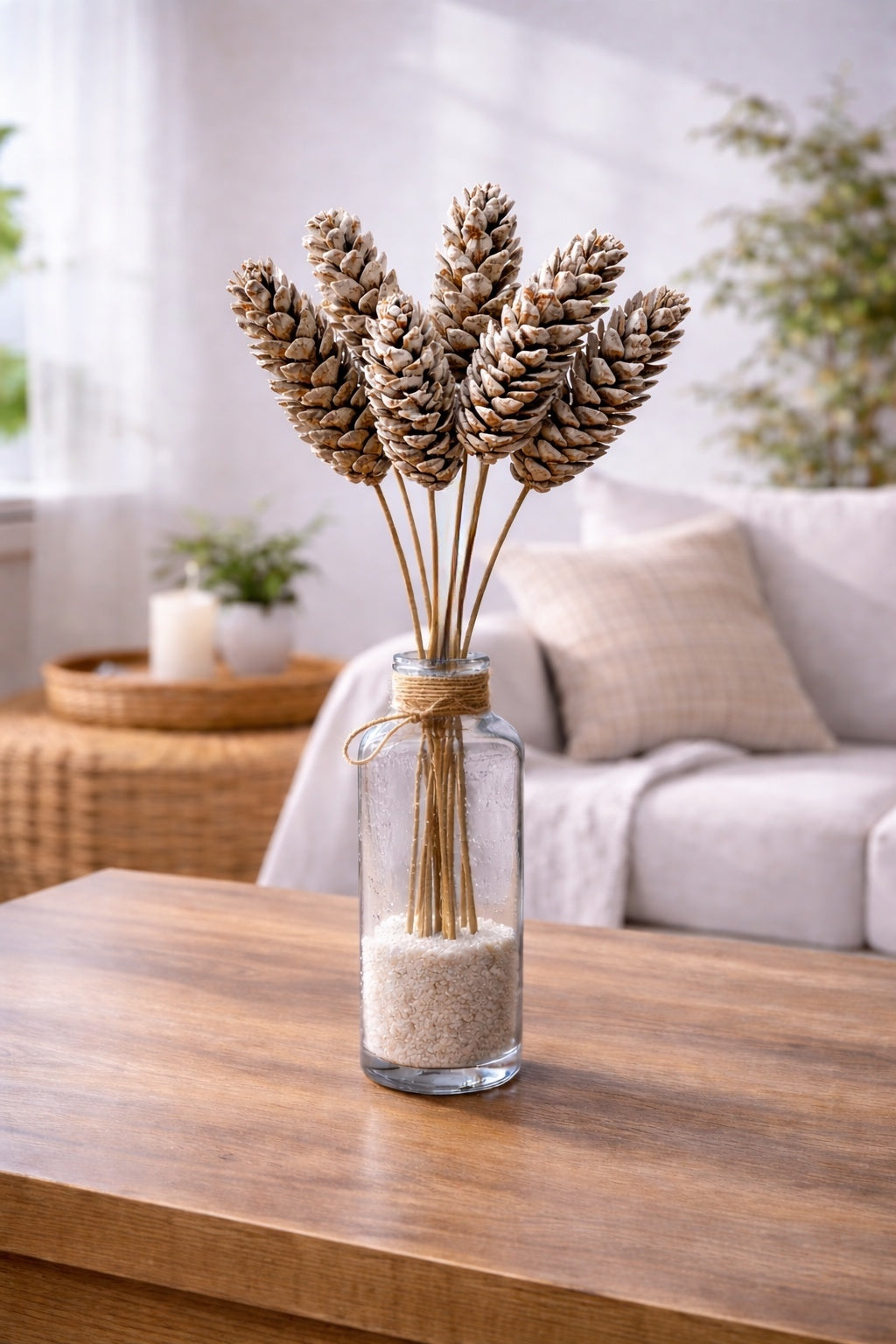 ITEM 1802 W - 24" WHITE STROBUS PINE CONES ON STICKS - 6 PER BUNDLE