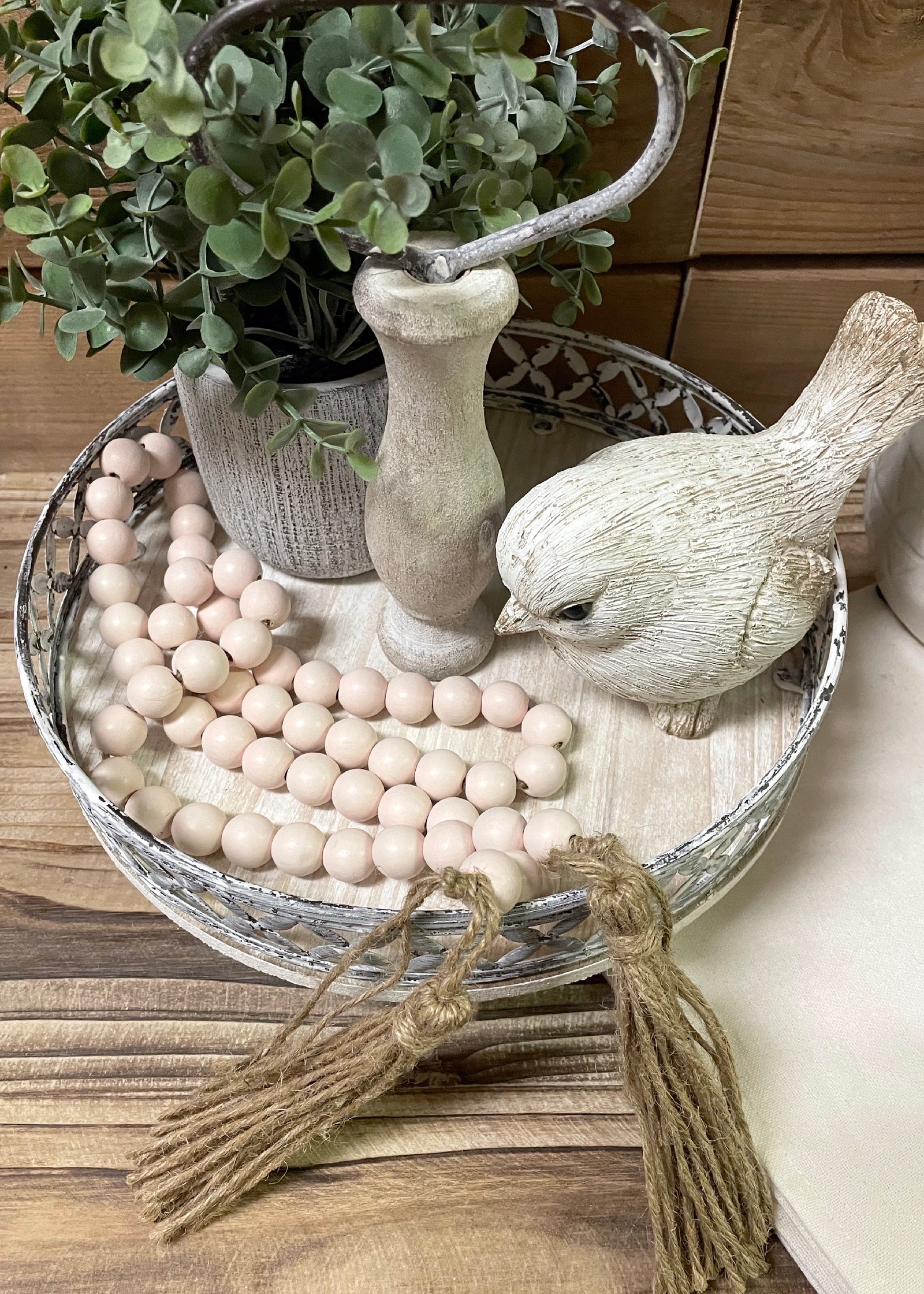 ITEM 56159 - 46"L WHITE WOOD BEAD GARLAND WITH TASSELS