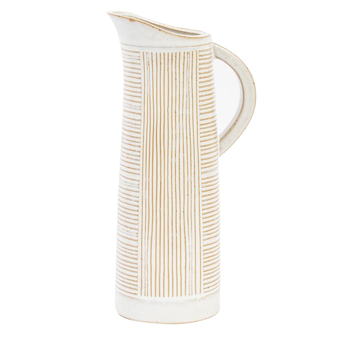 ITEM 65316 - 5" X 3.75" X 10.5", CERAMIC, WHITE LINES PITCHER VASE