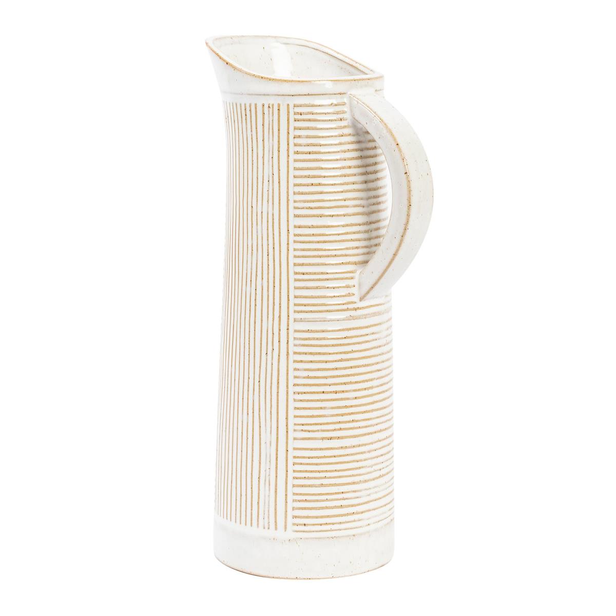 ITEM 65316 - 5" X 3.75" X 10.5", CERAMIC, WHITE LINES PITCHER VASE