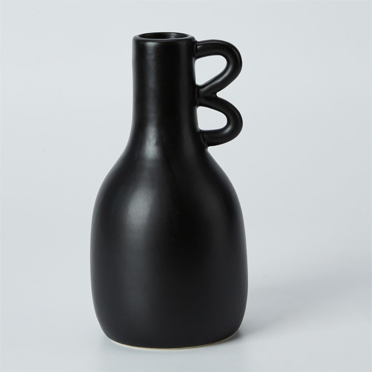 ITEM 65665 - 3.5" X 3.5" X 6.25", BLACK CERAMIC VASE WITH SIDE LOOPS