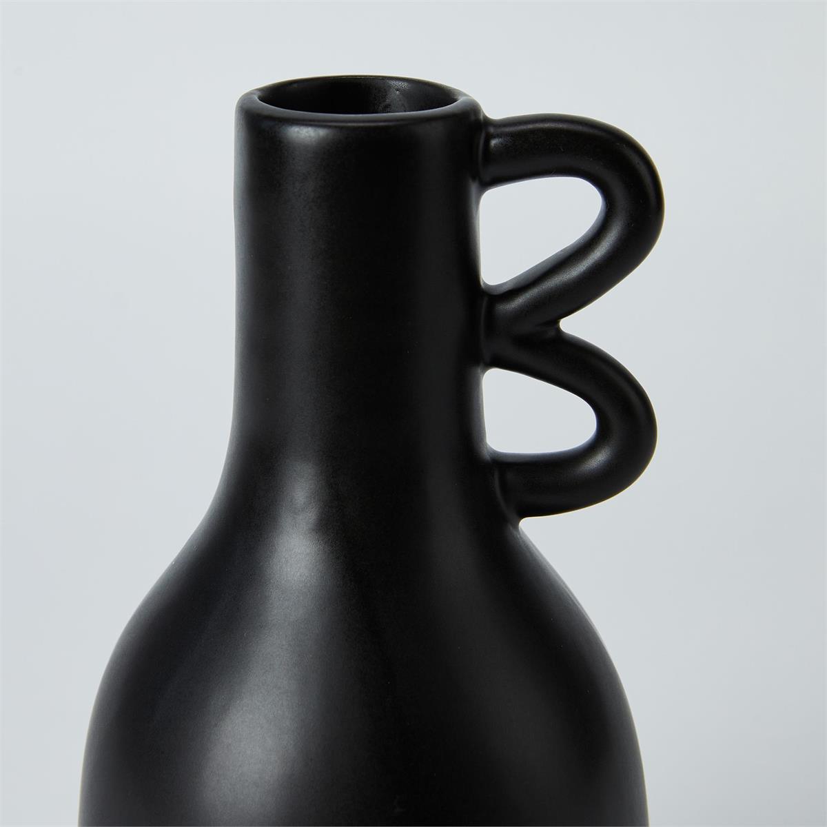 ITEM 65665 - 3.5" X 3.5" X 6.25", BLACK CERAMIC VASE WITH SIDE LOOPS