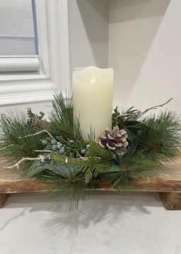 ITEM 81754 - 4"IN DIM, 11" OUT DIM,  PINE, NORFOLK PINE, JUNIPER, WHITE WASH MAGNOLIA AND PINE CONE CANDLE RING