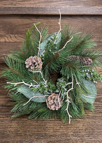 ITEM 81754 - 4"IN DIM, 11" OUT DIM,  PINE, NORFOLK PINE, JUNIPER, WHITE WASH MAGNOLIA AND PINE CONE CANDLE RING