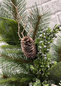 ITEM 81754 - 4"IN DIM, 11" OUT DIM,  PINE, NORFOLK PINE, JUNIPER, WHITE WASH MAGNOLIA AND PINE CONE CANDLE RING
