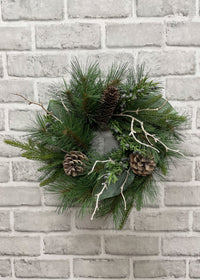 ITEM 81754 - 4"IN DIM, 11" OUT DIM,  PINE, NORFOLK PINE, JUNIPER, WHITE WASH MAGNOLIA AND PINE CONE CANDLE RING