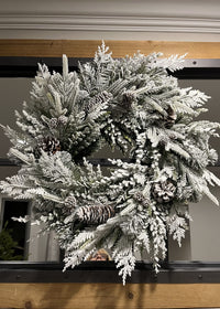 ITEM 81767 - 12" IN DIM, 24" OUT DIM,  WINTER SNOWY MIXED DOUGLAS FIR AND CEDAR WREATH