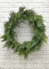 ITEM 81855  - 21" INS DIM, 36" OUT DIM,  FRESH TOUCH NORTHERN WHITE CEDAR WREATH ON BACKING