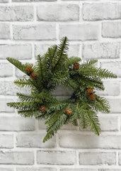 ITEM 81877  - 3.5" IN DIM, 11" OUT DIM, FRESH TOUCH BALSAM FIR CANDLE RING WITH NATURAL PINE CONES ON BACKING