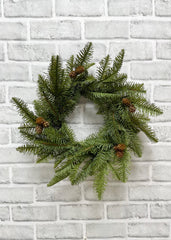 ITEM 81878  - 6" IN DIM, 14" OUT DIM, FRESH TOUCH BALSAM FIR WREATH WITH NATURAL PINE CONES ON BACKING