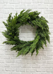 ITEM 81885  - 13" IN DIM, 22" OUT DIM, FRESH TOUCH JUNIPER & CYPRESS WREATH ON NATURAL BACKING