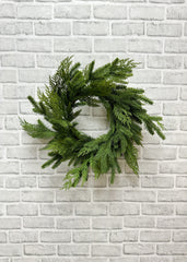 ITEM 81904  - 7.5" IN DIM, 18" OUT DIM, FRESH TOUCH SPRUCE  & CEDAR WREATH