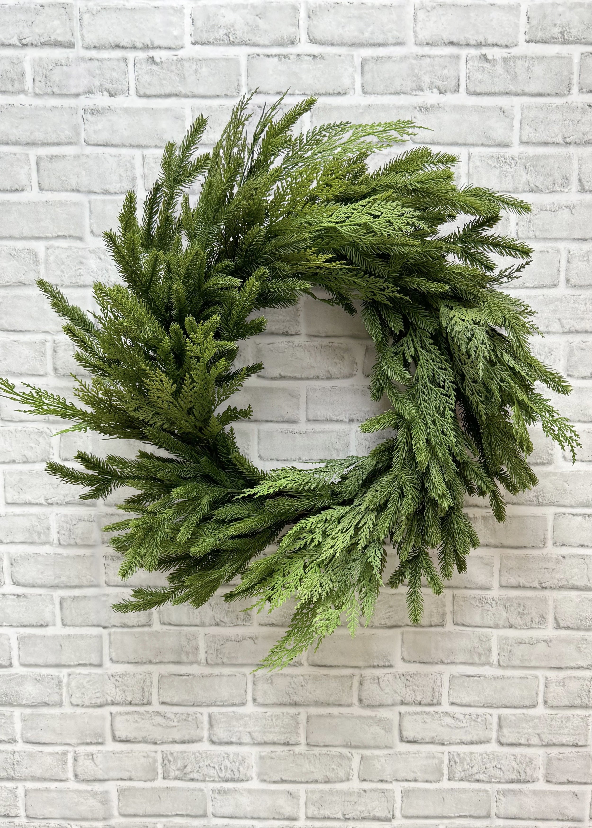 ITEM 81906  - 12" IN DIM, 28" OUT DIM, FRESH TOUCH SPRUCE AND CEDAR WREATH ON NATURAL BACKING