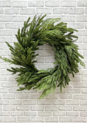 ITEM 81906  - 12" IN DIM, 28" OUT DIM, FRESH TOUCH SPRUCE AND CEDAR WREATH ON NATURAL BACKING