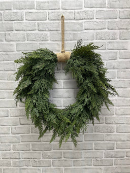 ITEM 82011 - 12" INSIDE DIM, 22" OUTSIDE DIM, 30"L FROM TOP OF ROPE FRESH TOUCH NORTHERN WHITE CEDAR HEART SHAPE WREATH