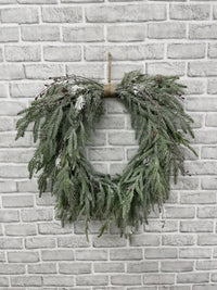 ITEM 82212 - 12" INSIDE DIM, 23" OUTSIDE DIM, 26"L FROM TOP OF HANGER TO BOTTOM OF WREATH FRESH TOUCH SNOWY PINE HEART SHAPE WREATH