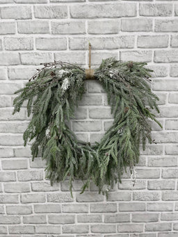 ITEM 82212 - 12" INSIDE DIM, 23" OUTSIDE DIM, 26"L FROM TOP OF HANGER TO BOTTOM OF WREATH FRESH TOUCH SNOWY PINE HEART SHAPE WREATH