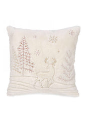 ITEM CB1516 - 17" CREAM FAUX FUR CUSHION WITH REINDEER AND TREES