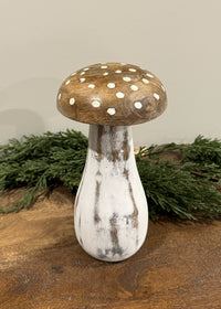 ITEM DDL1037L - 4.5"X8.5" MANGO WOOD WHITE DECOR MUSHROOM W/NATURAL TOP & SPOTS