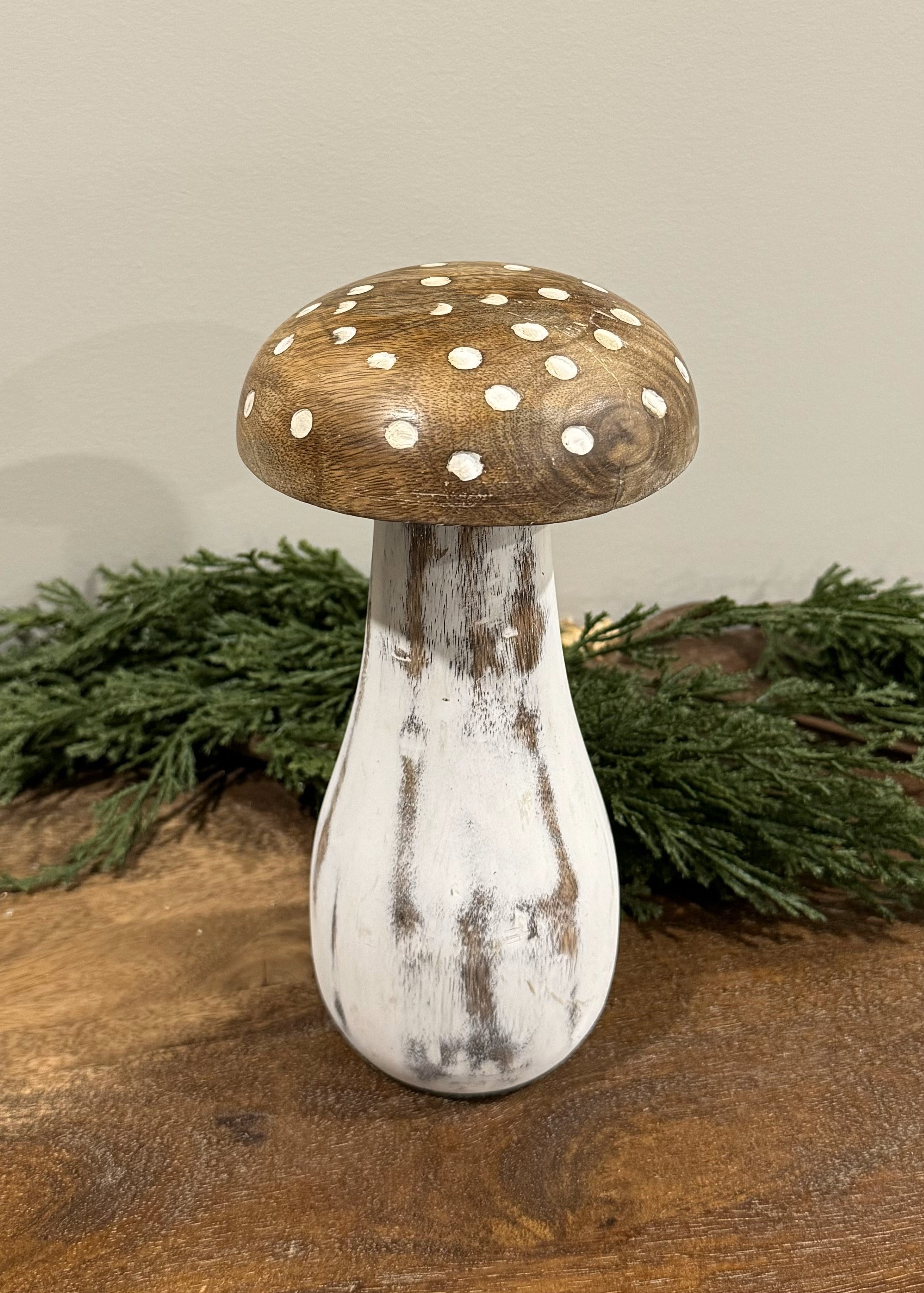 ITEM DDL1037L - 4.5"X8.5" MANGO WOOD WHITE DECOR MUSHROOM W/NATURAL TOP & SPOTS