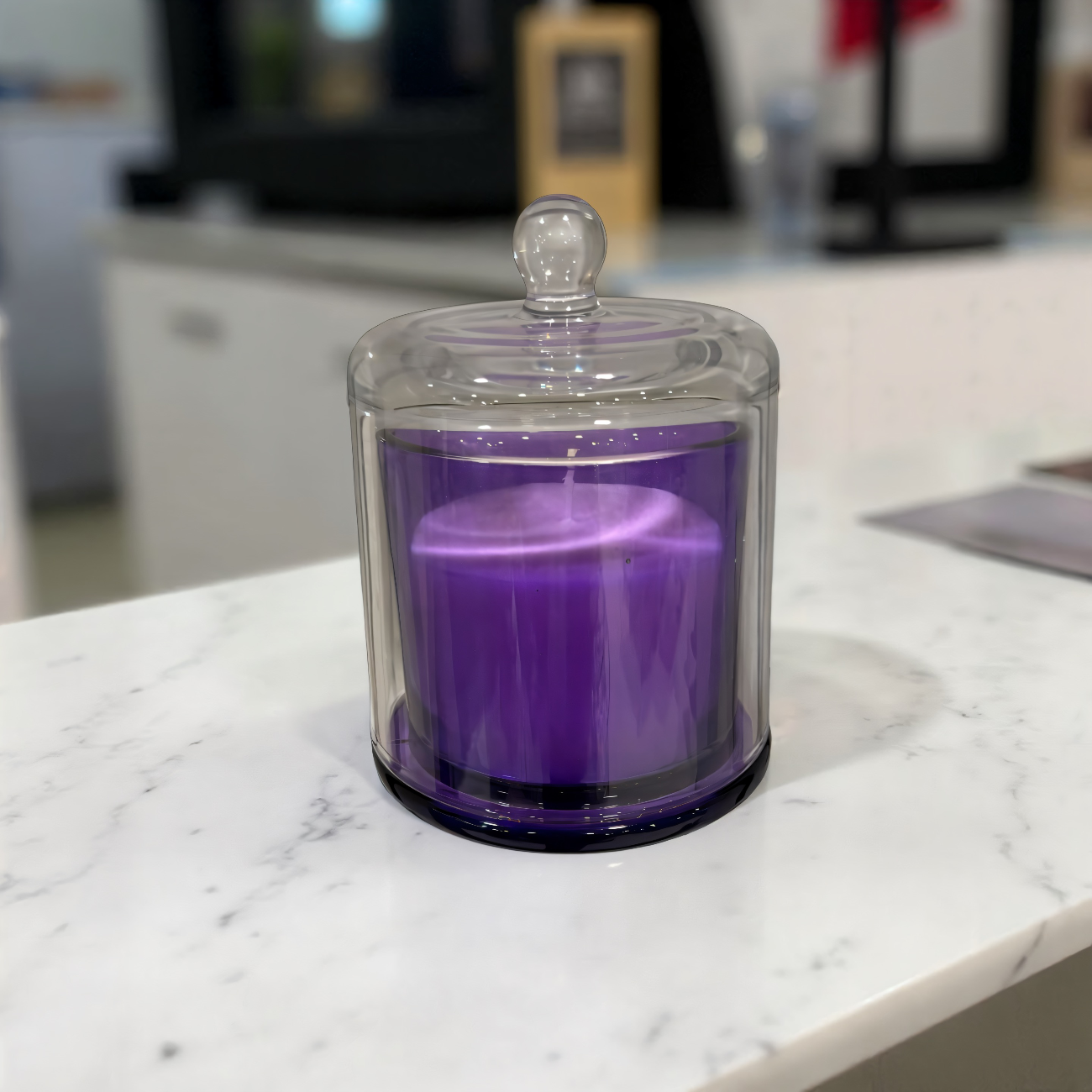 ITEM FG4043LV - 8 OZ LAVENDER VIOLET GLASS  CANDLE WITH BELL COVER - 4.25" X 5.5"