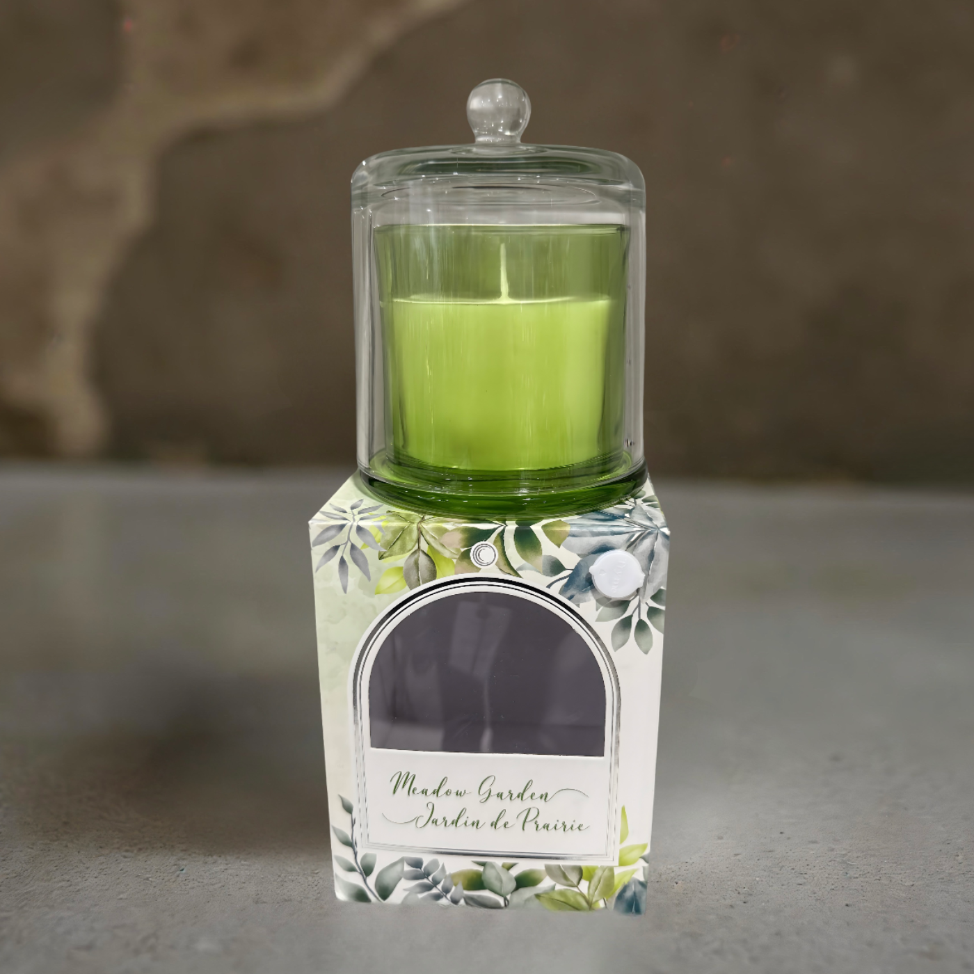 ITEM FG4043MG - 8 OZ MEADOW GARDEN  GLASS  CANDLE WITH BELL COVER - 4.25" X 5.5"