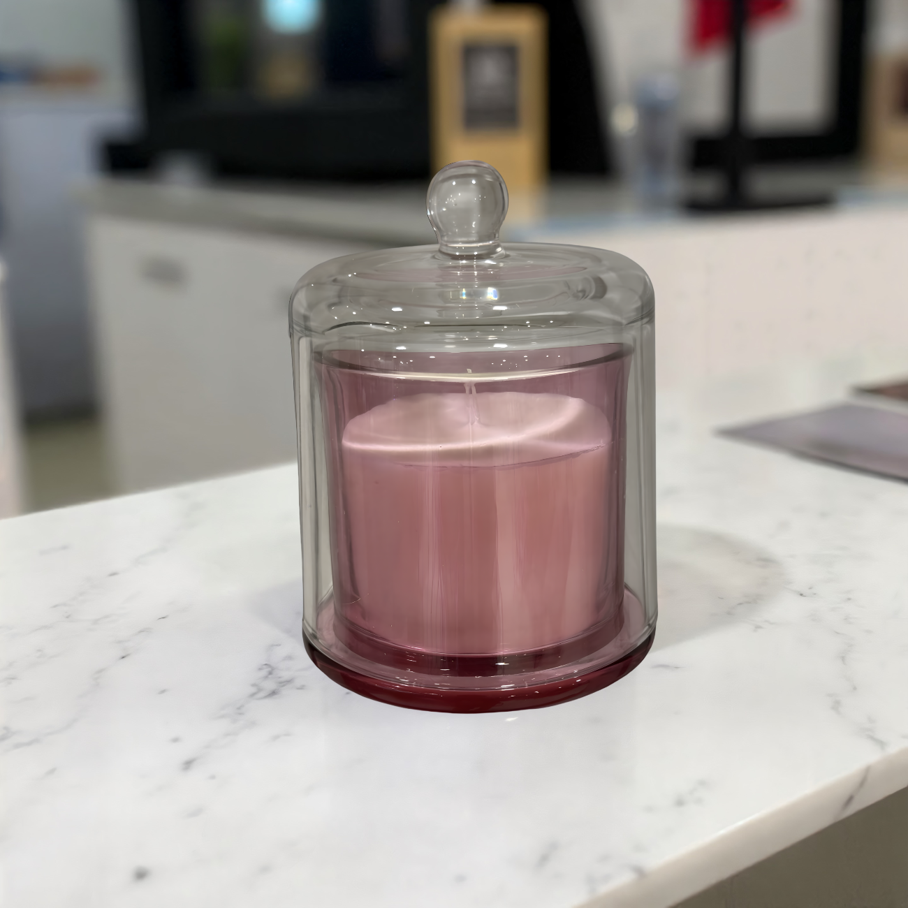 ITEM FG4043PR - 8 OZ PINK ROSE GLASS  CANDLE WITH BELL COVER - 4.25" X 5.5"