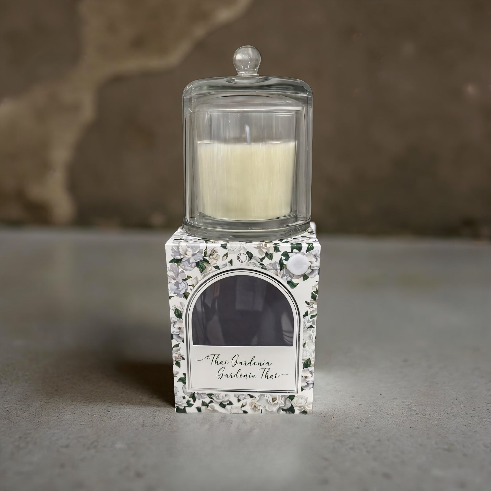 ITEM FG4043TG - 8 OZ THAI GARDENIA GLASS  CANDLE WITH BELL COVER - 4.25" X 5.5"