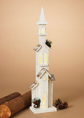 ITEM G2429670 - 28"H B/O LIGHTED WOOD CHURCH W/ PINE ACCENT W/TIMER