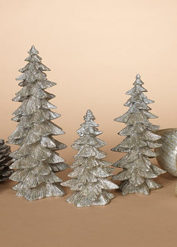 ITEM G2485320 - RESIN CHAMPAGNE SILVER GLITTER TREE, LARGE IS 9.45"H - SET OF 3