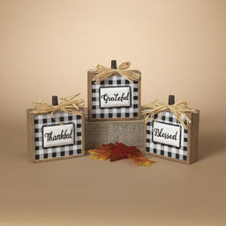 ITEM G2589190 - 6.5"H RESIN PLAID SQUARE PUMPKIN WITH RAFFIA BOW - 3 ASSORTED