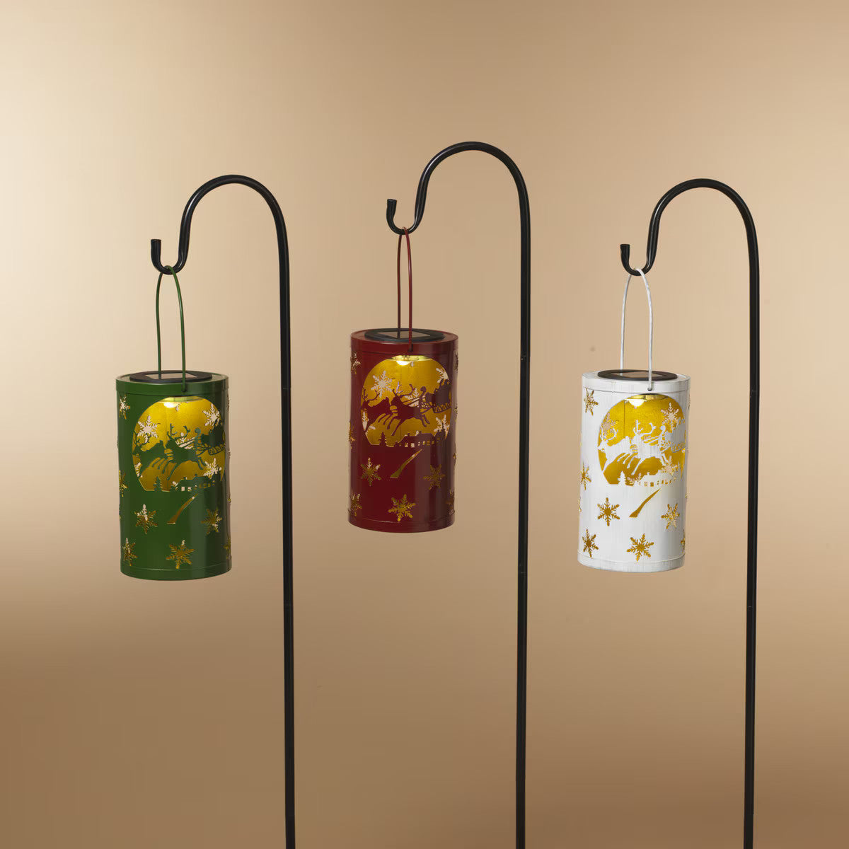 ITEM G2593100 - 35.5"H SOLAR LIGHTED METAL HOLIDAY LANTERN WITH SHEPHERD HOOK -  3 ASSORTED