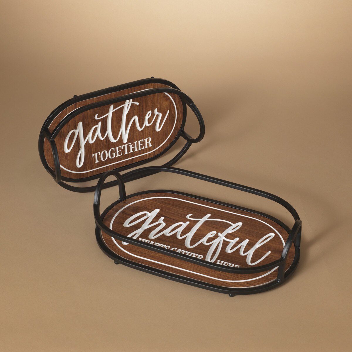 ITEM G2603110 - METAL & ENGRAVED WOOD HARVEST DESIGN TRAYS, LG IS 17.5"L - SETS OF 2