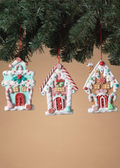 ITEM G2695670 - 5"H CLAY DOUGH HOLIDAY GINGERBREAD HOUSE ORNAMENT - 3 ASSORTED