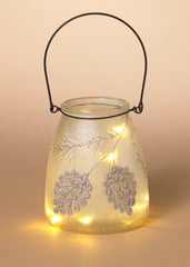 ITEM G2732980  - 6"H B/O LIGHTED FROSTED GLASS HOLIDAY PINECONE DESIGN LANTERN