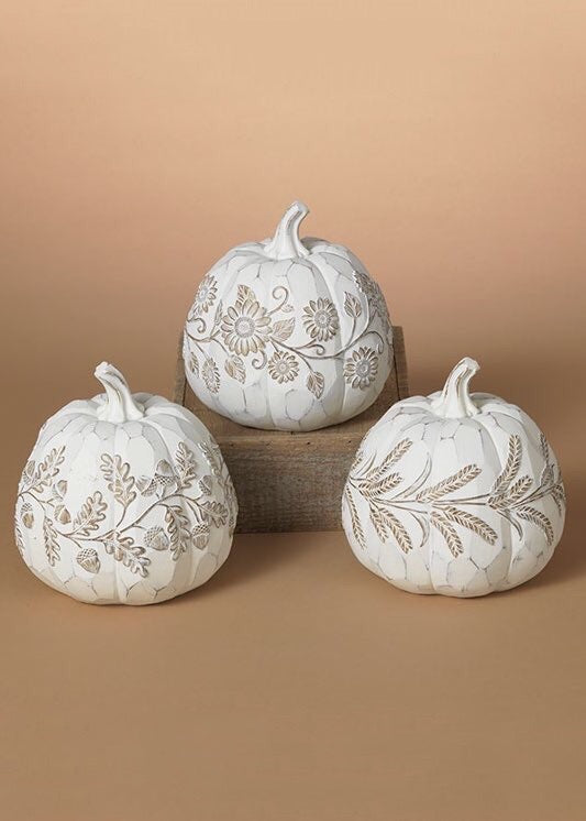 ITEM G2735810 - 6.69"D RESIN WHITE HARVEST PUMPKINS WITH DESIGN