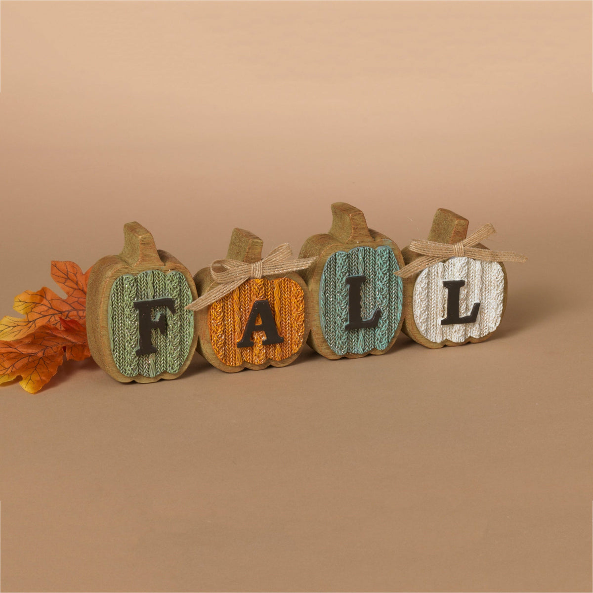 ITEM G2735820 - 10"L RESIN HARVEST "FALL" PUMPKINS WITH BOWS