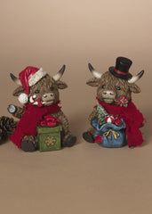 ITEM G2795070  - 5.3"H RESIN HOLIDAY HIGHLAND COW W/ GIFT