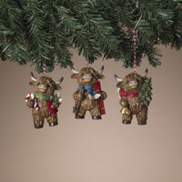 ITEM G2795150 - 3.5"H RESIN HOLIDAY HIGHLAND COW ORNAMENT - 3 ASSORTED