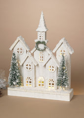 ITEM G2807420  - 17.25"H B/O LIGHTED HOLIDAY WOOD CHURCH W/ TREE & TIMER