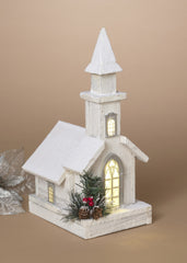 ITEM G2807450  - 15"H B/O LIGHTED HOLIDAY WOOD CHURCH W/ PINE & TIMER