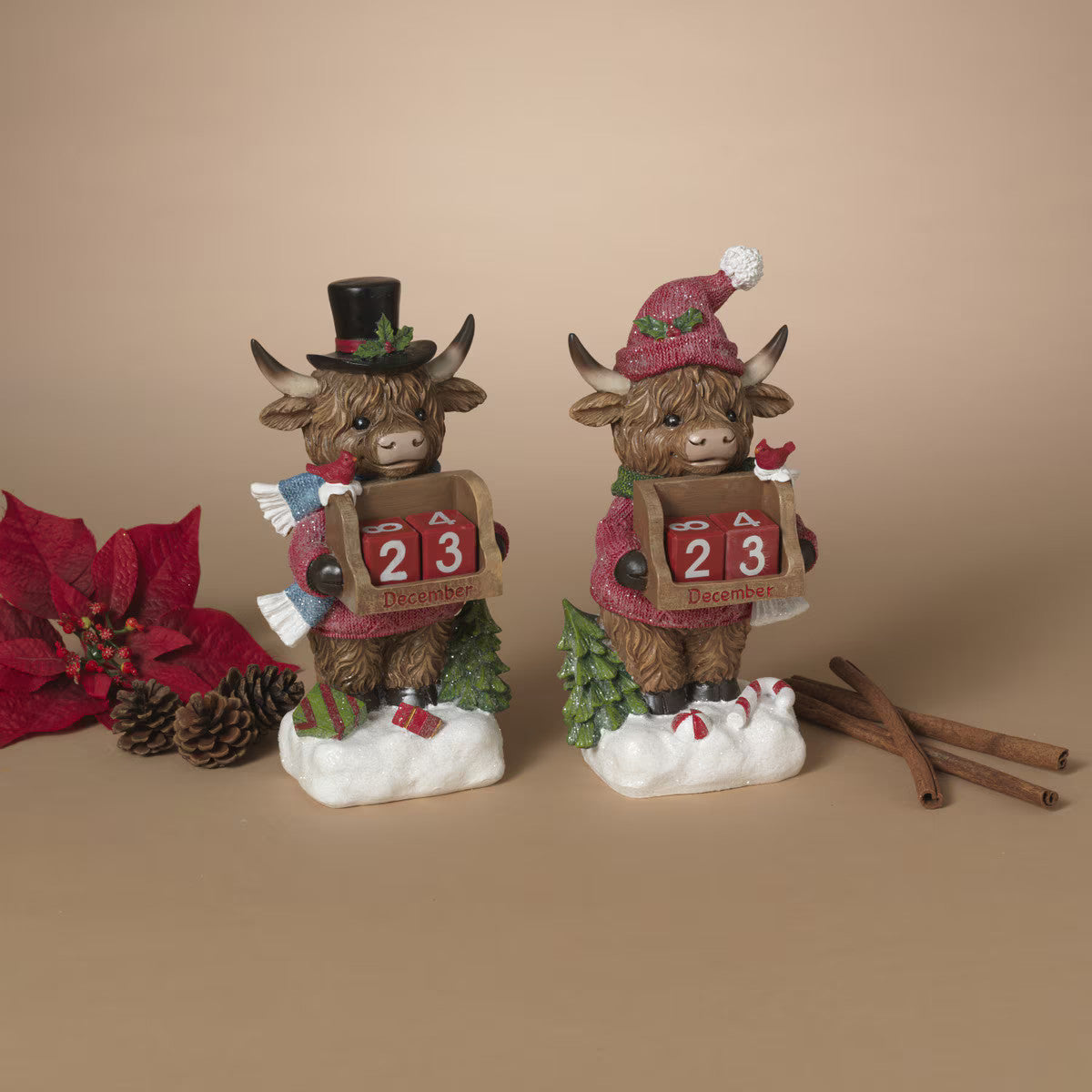 ITEM G2851960 - 9.25"H RESIN HOLIDAY HIGHLAND COW W/ COUNTDOWN CALENDAR - 2 ASSORTED