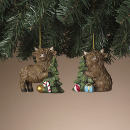 ITEM G2851970 - 3.25"H RESIN HOLIDAY HIGHLAND COW ORNAMENT - 2 ASSORTED