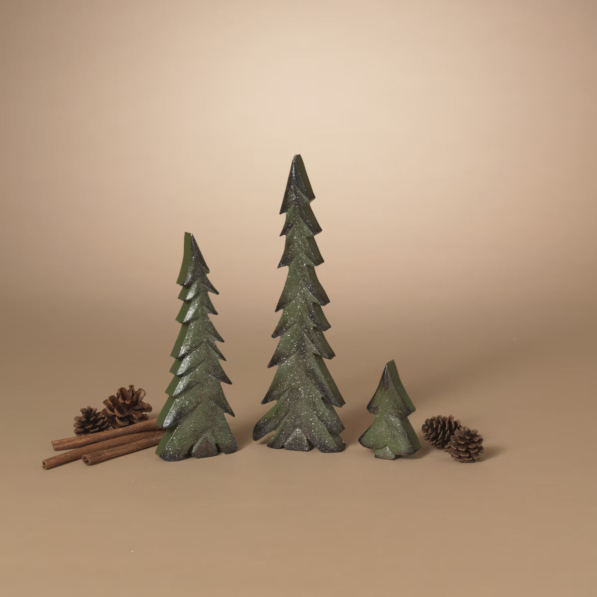 ITEM G2857170 - SETS OF 3 WOOD HOLIDAY TREES W/ GLITTER, LG IS 12"H