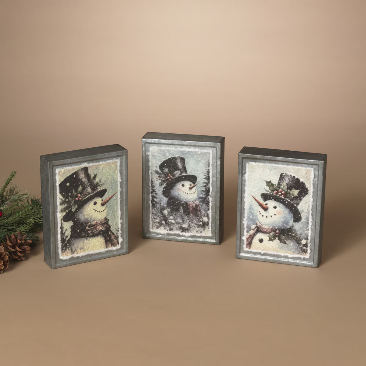 ITEM G2858400 - 8"H METAL HOLIDAY SNOWMAN DESIGN BLOCK - 3 ASSORTED