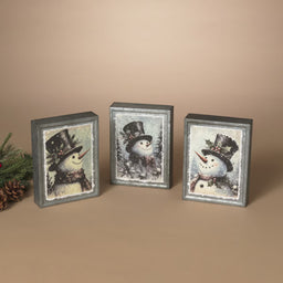 ITEM G2858400 - 8"H METAL HOLIDAY SNOWMAN DESIGN BLOCK - 3 ASSORTED
