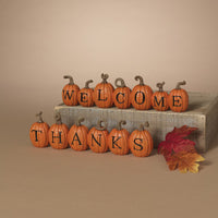 ITEM G2865210 - 13"L RESIN HARVEST "THANKS" & " WELCOME" PUMPKINS DÉCOR - 2 ASSORTED