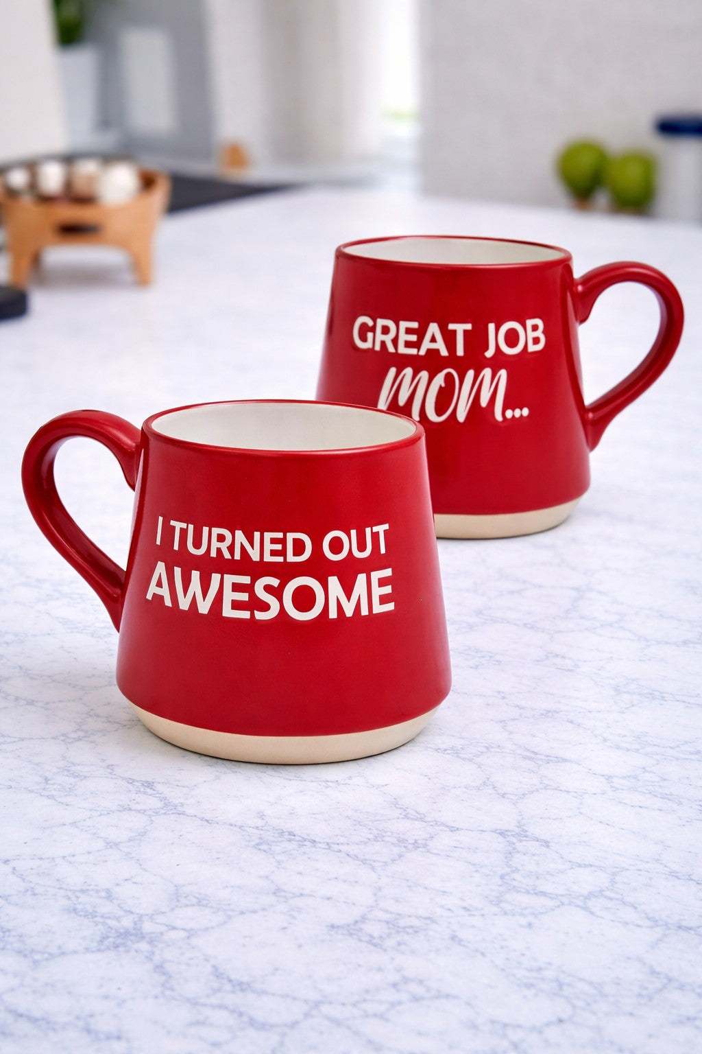 ITEM KOP 25595 - 3.75inX4in "GREAT JOB MOM" DOUBLE SIDED FAT BOTTOM MUG