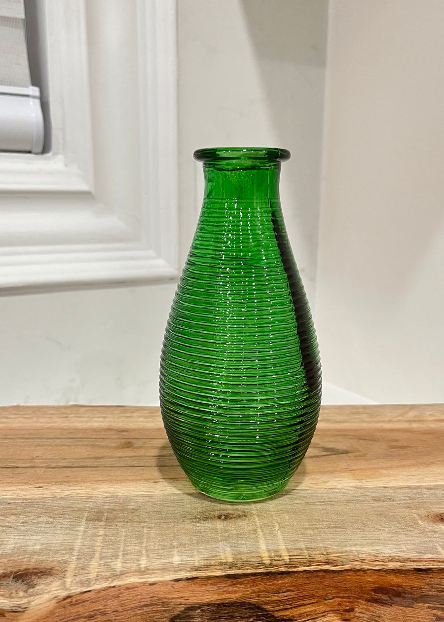 ITEM KOP 31598 - 6" GREEN RIBBED GLASS BUD VASE · Tri W Imports